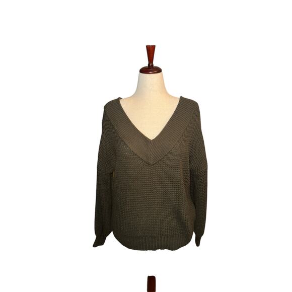 Xenana oversized green deep v off shoulder waffle knit sweater sz‎ xs fits large - Picture 7 of 7
